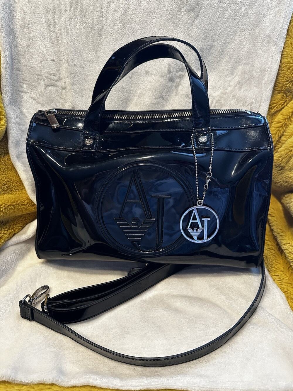 Armani Jeans Tote Bag Womens Medium Black Patent PVC Logo Shoulder Handbag Charm